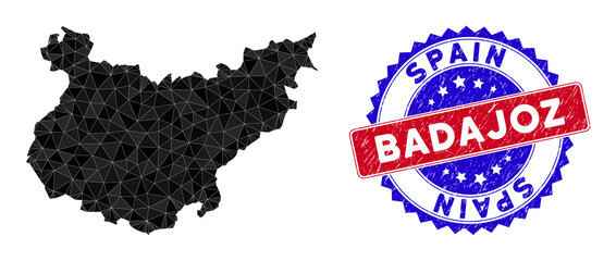 Badajoz Province map polygonal mesh with filled triangles, and distress bicolor stamp imitation. Triangle mosaic Badajoz Province map with mesh vector model, triangles have variable sizes,