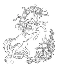 Drawing unicorn coloring book vector illustration black © alinart