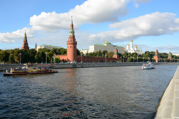 MOSCOW, RUSSIA - AUGUST 31, 2020: Annunciation Cathedral and Mosvka river view from Sofiyskaya Embankment