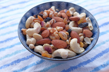 close up of many mixed nuts in a bowl 