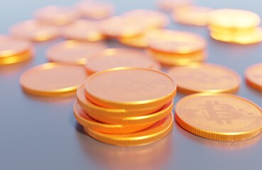 Close up gold bitcoin stacked scene 3D rendering business and cryptocurrency wallpaper backgrounds