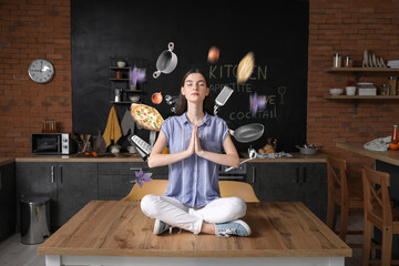 Different kitchenware and products flying around young woman meditating in kitchen. Zen concept