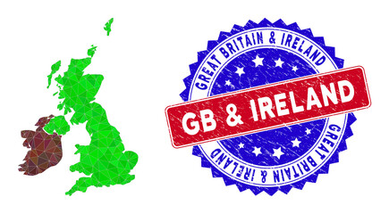 Great Britain and Ireland map polygonal mesh with filled triangles, and scratched bicolor watermark. Triangle mosaic Great Britain and Ireland map with mesh vector model, triangles have various sizes,