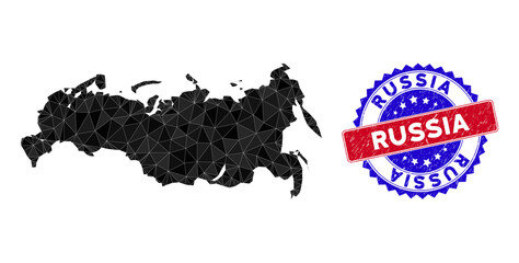 Russia map polygonal mesh with filled triangles, and rough bicolor watermark. Triangle mosaic Russia map with mesh vector model, triangles have randomized sizes, and positions, and color shades.