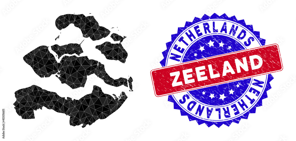 Poster zeeland province map polygonal mesh with filled triangles, and rough bicolor stamp. triangle mosaic 