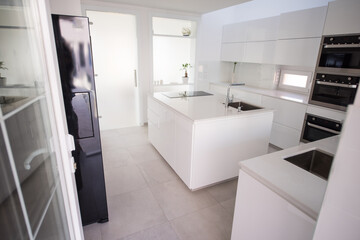 Fototapeta na wymiar White organised kitchen with modern elements in an apartment . High quality photo