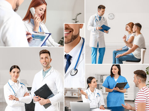 Collage of photos with doctors and patients in modern clinic