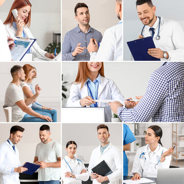 Collage of photos with doctors and patients in modern clinic