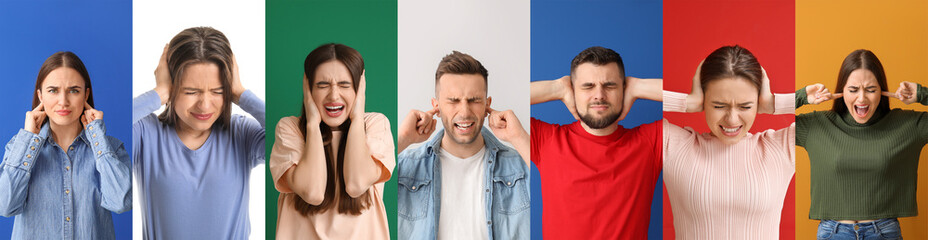 Collage of different people suffering from loud noise on color background