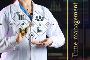 Female doctor using virtual screen on dark background. Time management concept