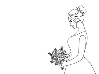 Bride holding a wedding bouquet side view in continuous line art. One line art for wedding invitation, bridal shower, engagement, greeting card, poster or photo album. Vector illustration