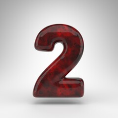 Number 2 on white background. Red amber 3D number with glossy surface.