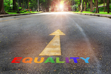 Equality word written on road with arrow on nature with sunlight background. Social issue concept...