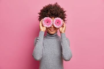 Photo of curly haired young ethnic woman covers eyes with pink gerberas going to make bouquet from flowers dressed in casual grey turtleneck isolated over rosy background. Professional florist - obrazy, fototapety, plakaty