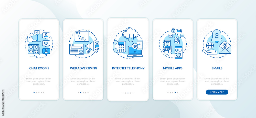 Poster new media kinds onboarding mobile app page screen with concepts. chatroom, internet telephony walkth
