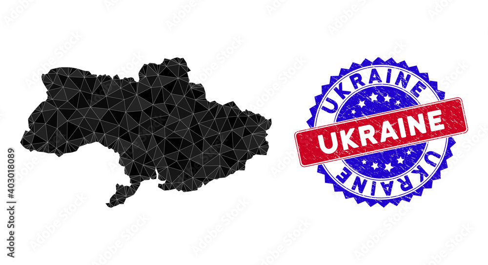 Poster ukraine map polygonal mesh with filled triangles, and textured bicolor rubber seal. triangle mosaic 