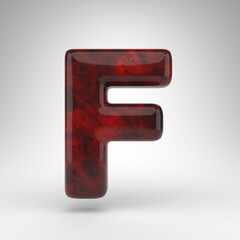 Letter F uppercase on white background. Red amber 3D letter with glossy surface.
