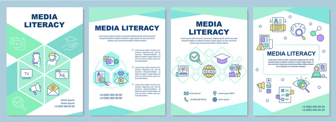 Naklejka na ściany i meble Media literacy brochure template. Critical thinking. Internet news. Flyer, booklet, leaflet print, cover design with linear icons. Vector layouts for magazines, annual reports, advertising posters
