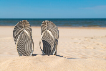 Fototapeta na wymiar Grey sandals at the beach on a beautiful sunny day. Slippers in the sand by the sea. Flip flops at the shore by the ocean.