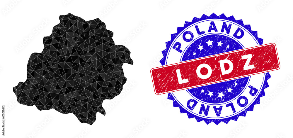 Poster lodz voivodeship map polygonal mesh with filled triangles, and rough bicolor stamp seal. triangle mo