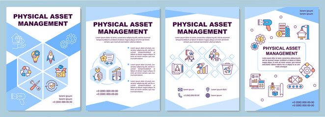 Fototapeta na wymiar Physical asset management brochure template. Business service. Flyer, booklet, leaflet print, cover design with linear icons. Vector layouts for magazines, annual reports, advertising posters