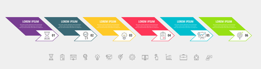 Vector infographic with 6 step, label, numeral, arrows. Timeline used for diagram, chart, web, banner, workflow layout, flowchart, info graph, content, levels