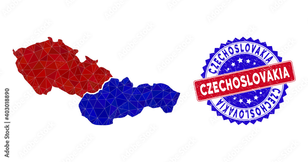 Poster czechoslovakia map polygonal mesh with filled triangles, and rubber bicolor rubber seal. triangle mo