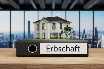 Haus im modernen Stadtvilla Stil steht auf schwarzem Aktenordner auf Schreibtisch mit der Aufschrift Erbschaft, 3D Illustration