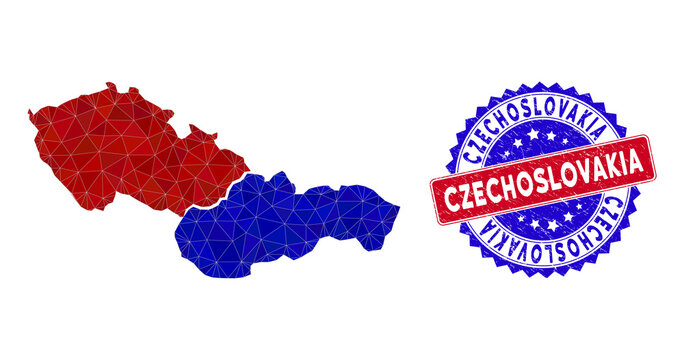 Czechoslovakia map polygonal mesh with filled triangles, and rubber bicolor rubber seal. Triangle mosaic Czechoslovakia map with mesh vector model, triangles have different sizes, and positions,