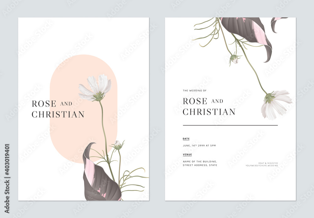 Wall mural floral wedding invitation card template design, white cosmos flowers with leaves