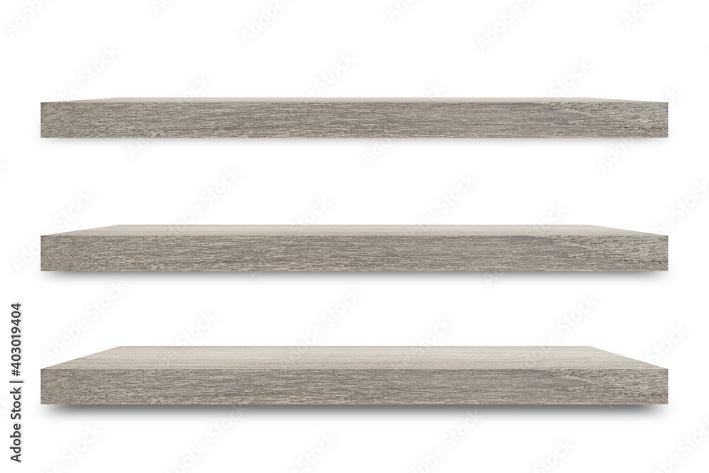 Poster Shelf wooden isolated on a white background and display montage for the product Embed Clipping Path separate with black shadows.