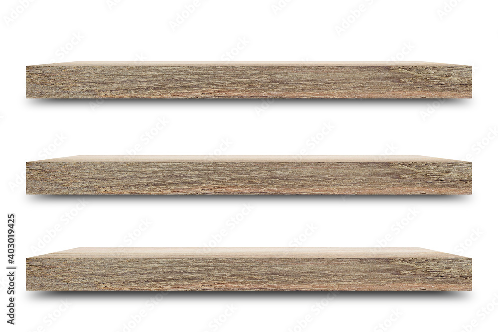 Poster Shelf wooden isolated on a white background and display montage for the product Embed Clipping Path separate with black shadows.
