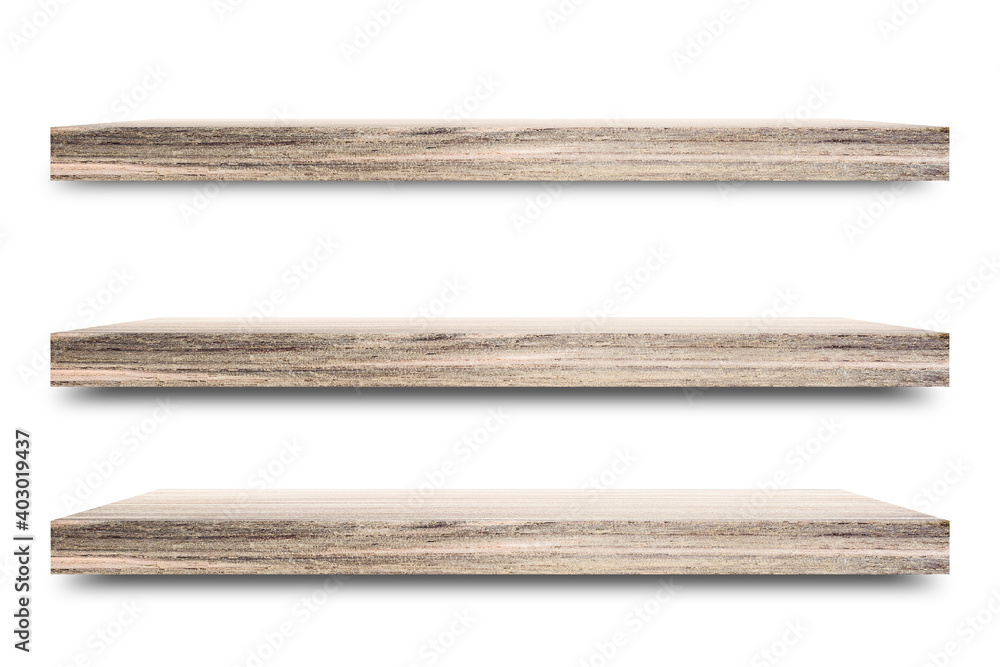 Aufkleber Shelf wooden isolated on a white background and display montage for the product Embed Clipping Path separate with black shadows.