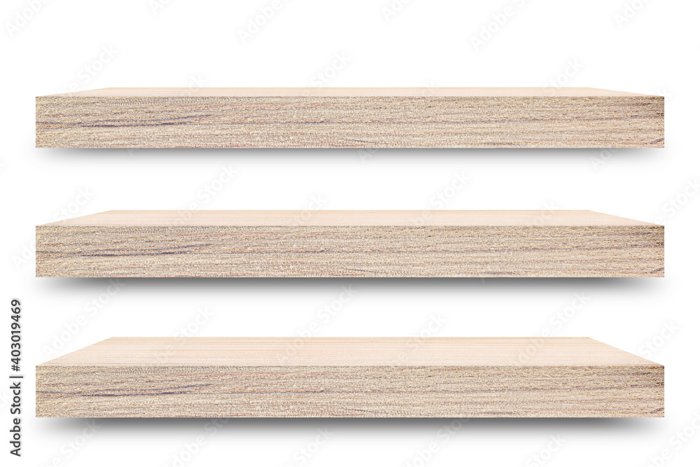 Aufkleber Shelf wooden isolated on a white background and display montage for the product Embed Clipping Path separate with black shadows.