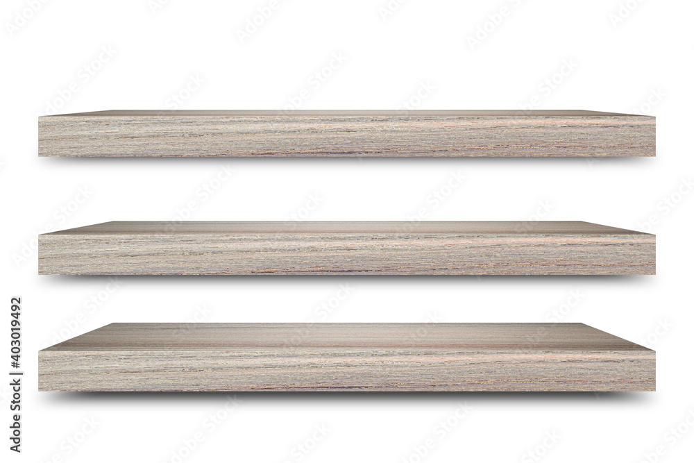 Aufkleber Shelf wooden isolated on a white background and display montage for the product Embed Clipping Path separate with black shadows.