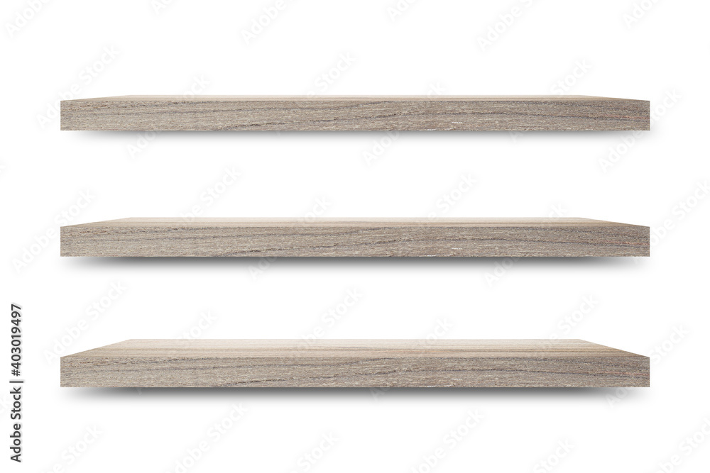 Poster Shelf wooden isolated on a white background and display montage for the product Embed Clipping Path separate with black shadows.