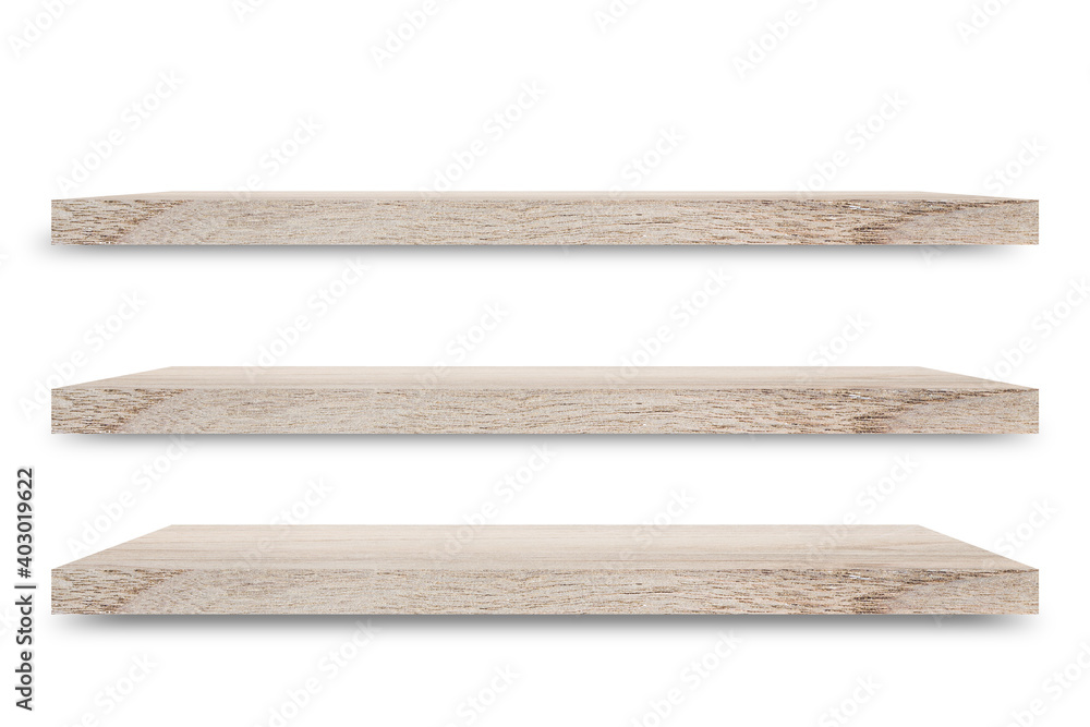 Poster Shelf wooden isolated on a white background and display montage for the product Embed Clipping Path separate with black shadows.