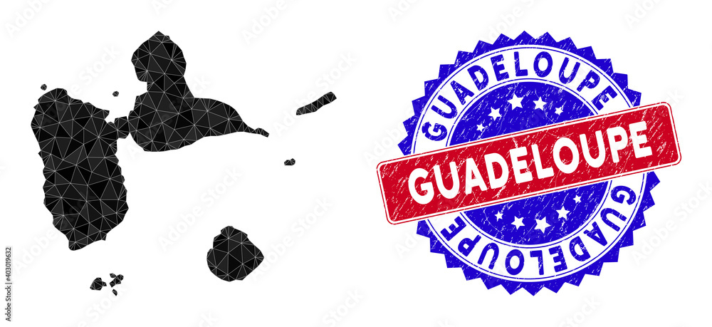 Poster guadeloupe map polygonal mesh with filled triangles, and scratched bicolor stamp imitation. triangle