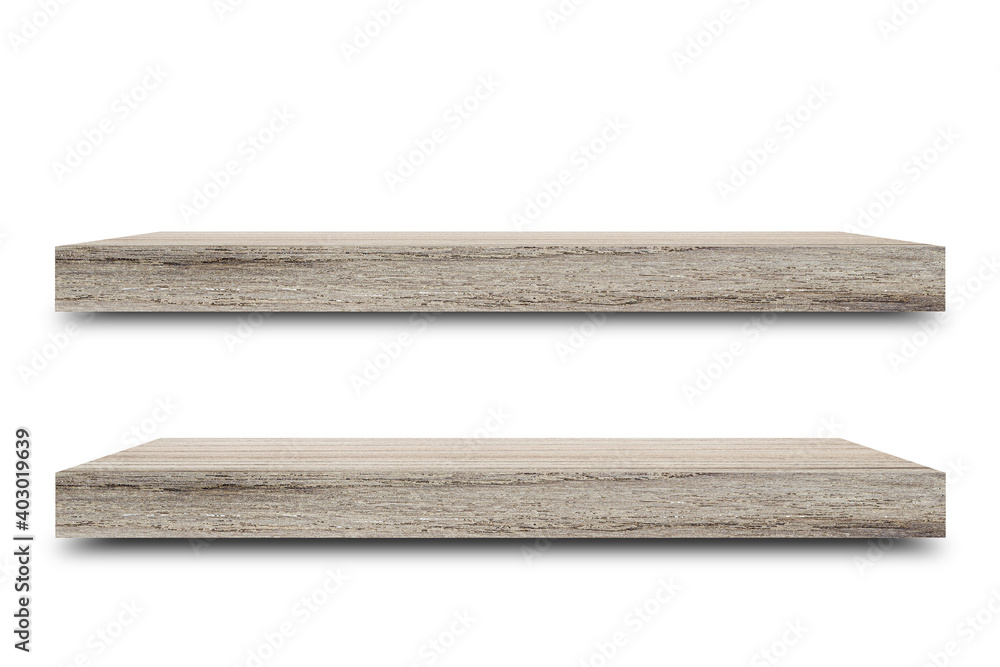 Poster Shelf wooden isolated on a white background and display montage for the product Embed Clipping Path separate with black shadows.