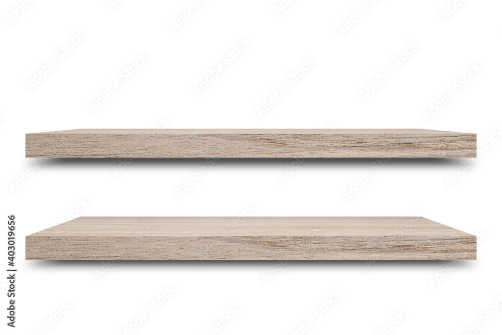 Poster Shelf wooden isolated on a white background and display montage for the product Embed Clipping Path separate with black shadows.