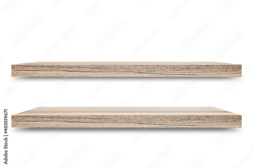 Aufkleber Shelf wooden isolated on a white background and display montage for the product Embed Clipping Path separate with black shadows.