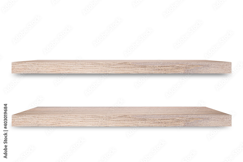 Poster Shelf wooden isolated on a white background and display montage for the product Embed Clipping Path separate with black shadows.