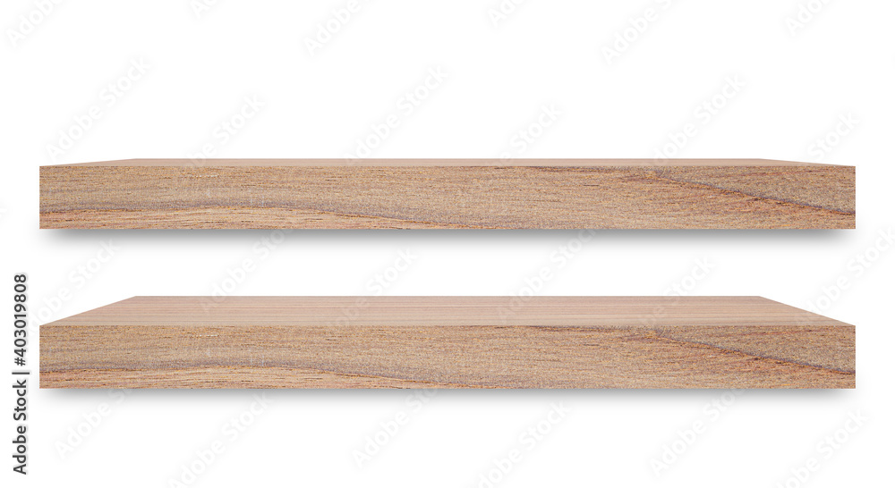 Poster Shelf wooden isolated on a white background and display montage for the product Embed Clipping Path separate with black shadows.
