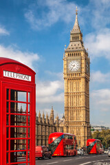 London symbols with BIG BEN, DOUBLE DECKER BUSES and Red Phone Booth in England, UK - 403019814