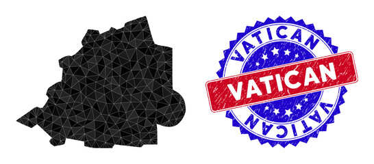 Fototapeta premium Vatican map polygonal mesh with filled triangles, and scratched bicolor stamp seal. Triangle mosaic Vatican map with mesh vector model, triangles have variable sizes, and positions, and color tinges.