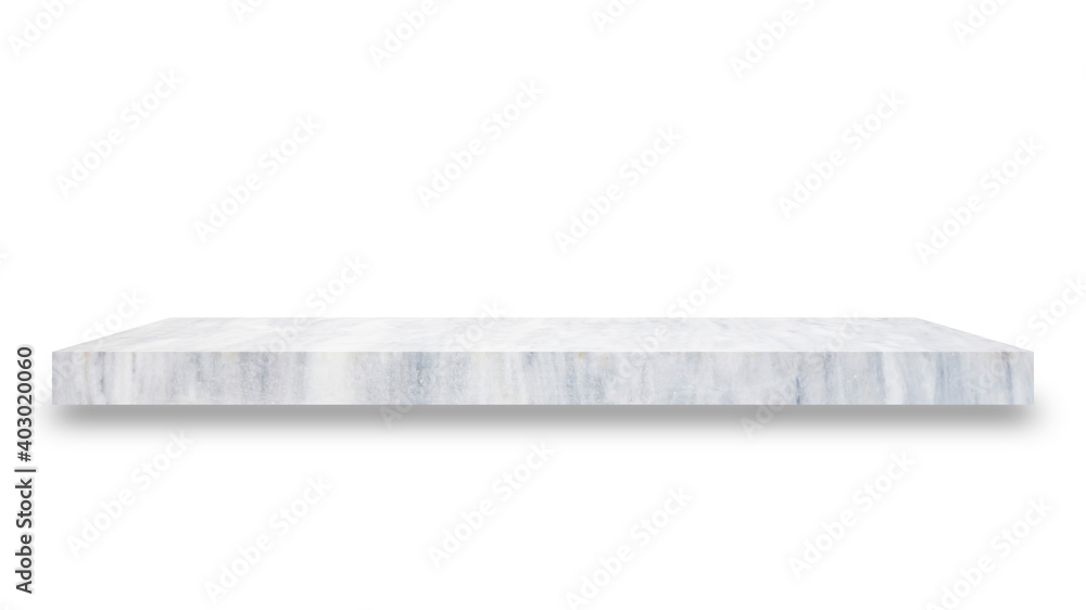 Poster  Shelf marble isolated on a white background and display montage for the product Embed Clipping Path separate with black shadows.