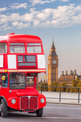 Naklejka na ściany i meble Big Ben with old red double decker bus in London, England, UK