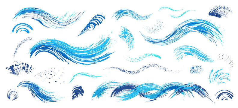 Brush strokes. Blue waves, water spray. Vector abstract set with hand drawn paint brushes. Grunge artistic texture. Doodle style. Collection modern abstract elements for sea background, cards, posters