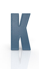 Leather letter K uppercase. blue render font with skin texture