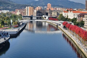 Fototapeta premium Ria de Bilbao con pasarelas y jardines en ambas orillas.jpg